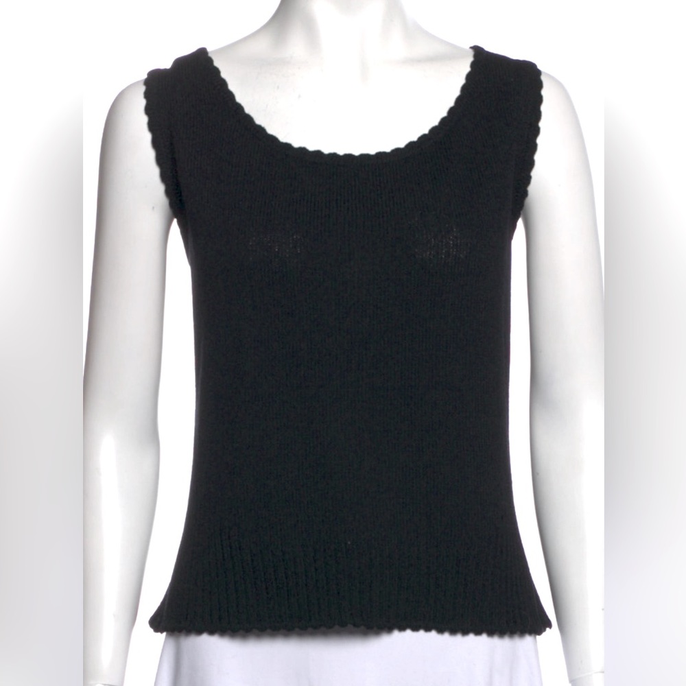 St. John Women’s Scallop-Edge, Ribbed Detail Knit Tank Top Black Sz L